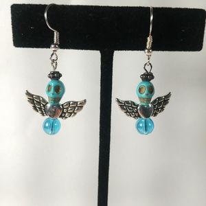 Turquoise Colored Skull with Wings Beaded Earrings
